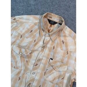 Salt Valley Western Mens Large Short Sleeve Plaid Cactus Pearl Snap Shirt Tan